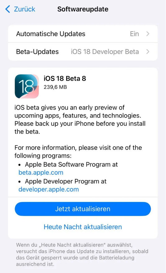 缙云苹果手机维修分享苹果 iOS / iPadOS 18 开发者预览版 Beta 8 发布 